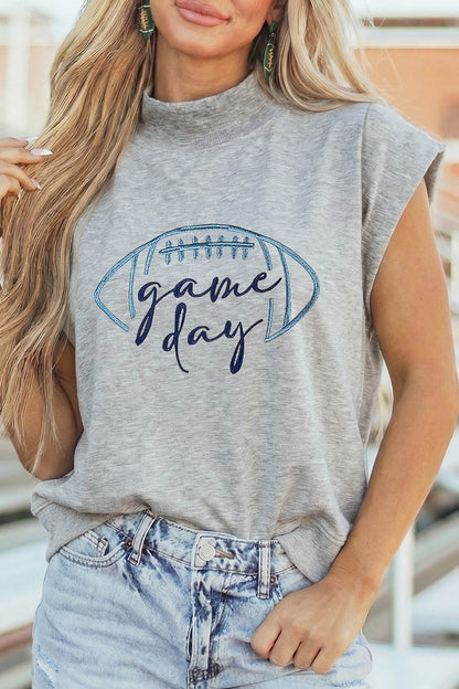 Light Grey Embroidered Game Day Football High Neck Short Sleeve Top