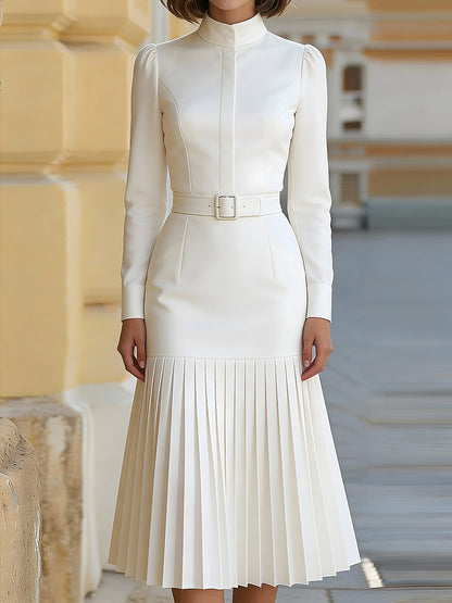 High-Neck Belted Long-Sleeve Pleated Midi Dress