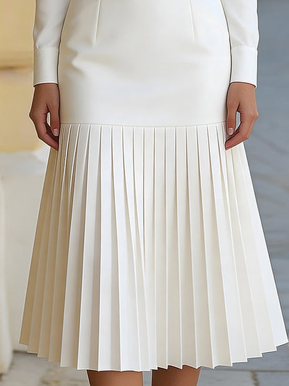 High-Neck Belted Long-Sleeve Pleated Midi Dress