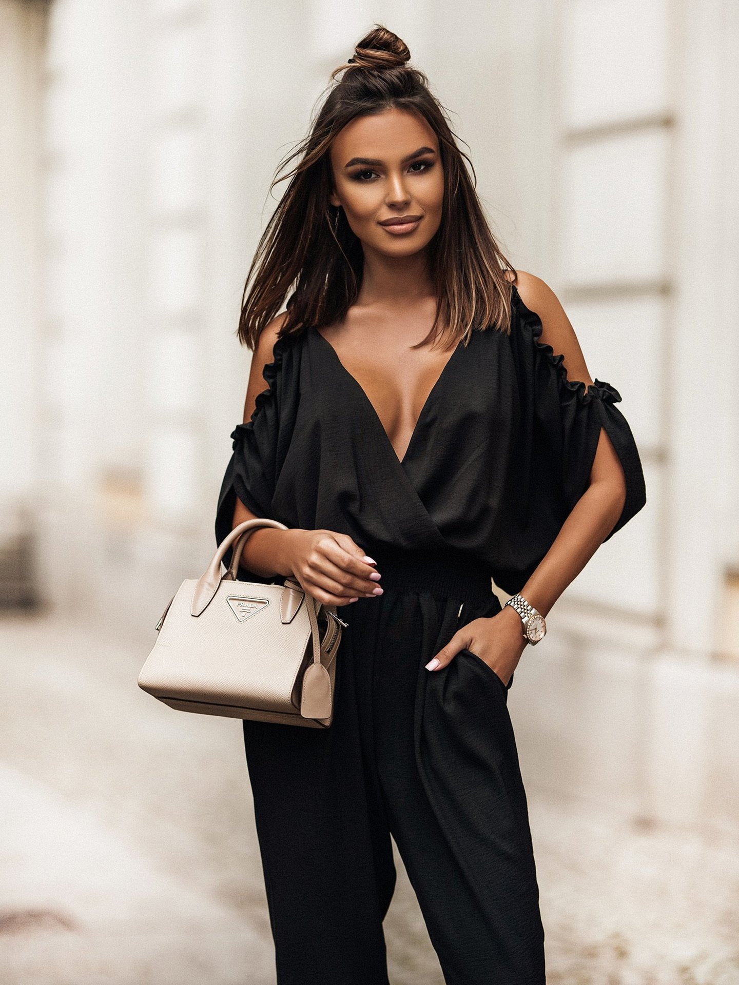 V neck Plunge Casual Jumpsuit