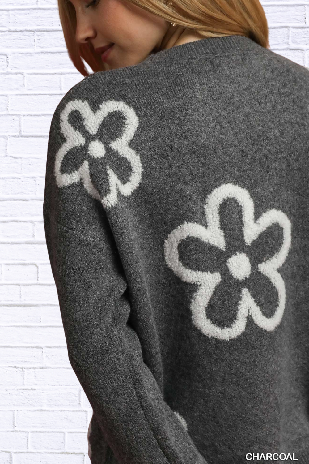 Charcoal Round Neck Sweater with Floral Accents