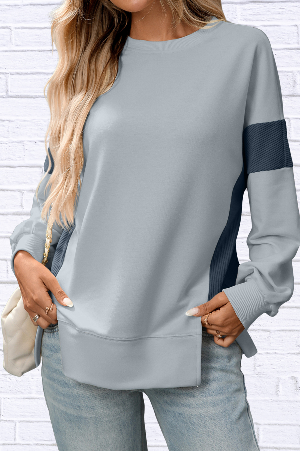 Slit Round Neck Long Sleeve Sweatshirt
