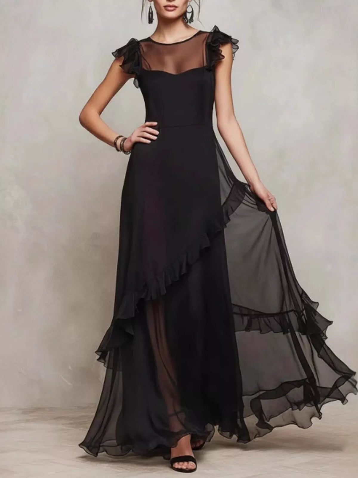 Sheer Ruffle Trim Maxi Dress | Black