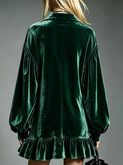 Full Size Velvet Ruffled Hem Long Sleeve Dress Plus Size