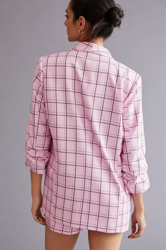 Pink Plaid Nine Quarter Sleeve Blazer