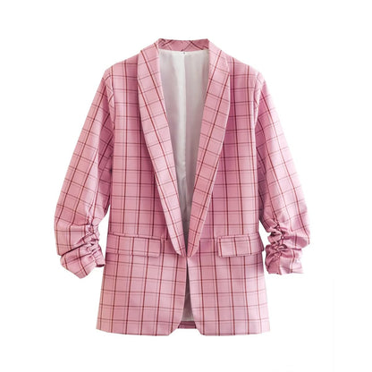 Pink Plaid Nine Quarter Sleeve Blazer