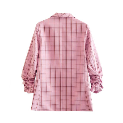 Pink Plaid Nine Quarter Sleeve Blazer