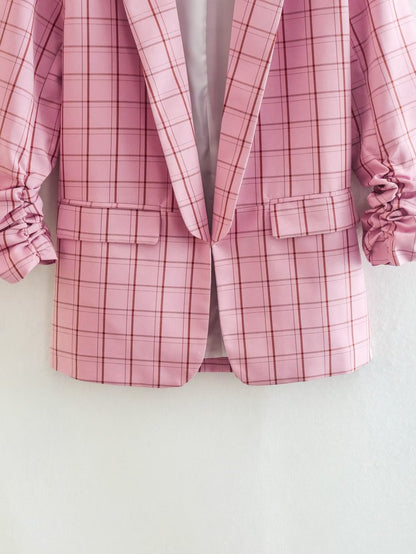 Pink Plaid Nine Quarter Sleeve Blazer
