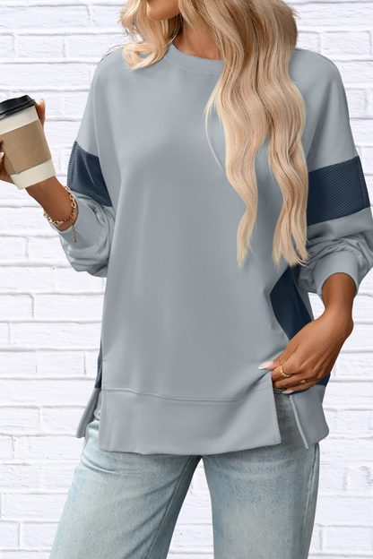 Slit Round Neck Long Sleeve Sweatshirt