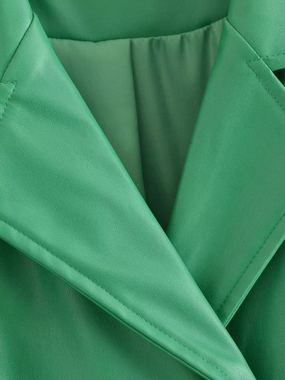 Faux Leather Belt Windbreaker Trench Coat