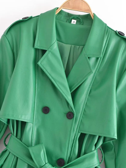 Faux Leather Belt Windbreaker Trench Coat