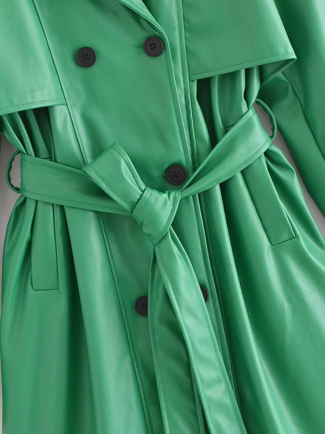 Faux Leather Belt Windbreaker Trench Coat