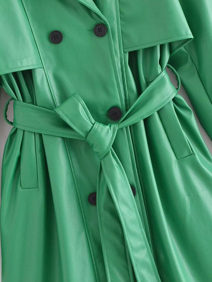 Faux Leather Belt Windbreaker Trench Coat