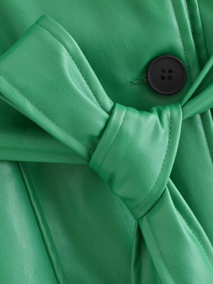 Faux Leather Belt Windbreaker Trench Coat