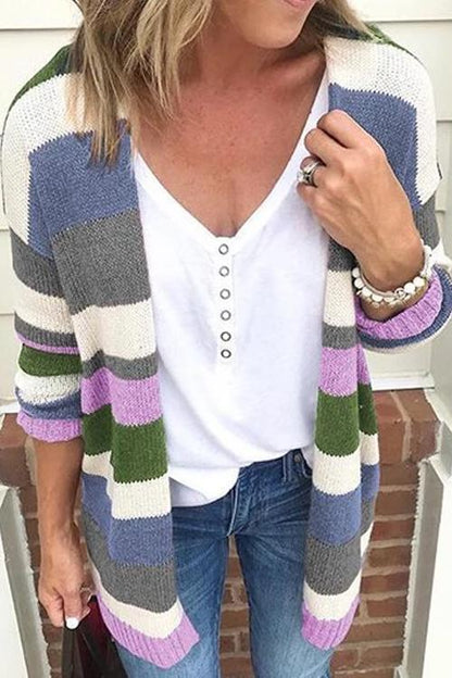 Rosiedress Rainbow Stripes Open Front Cozy Sweater Cardigan Purple