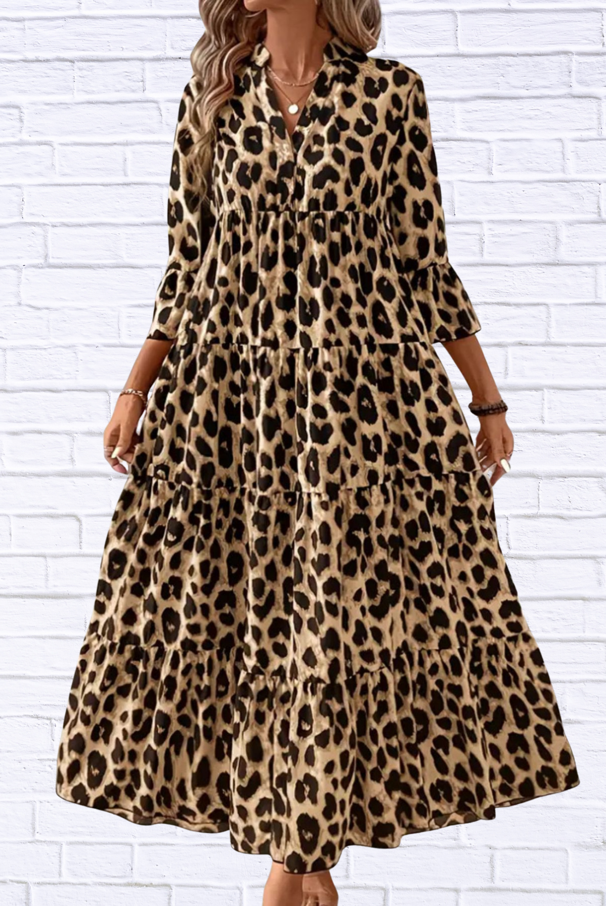 Leopard 3/4 Sleeve Midi Dress