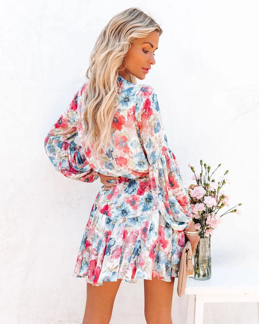 Printed Lantern Sleeve Long Sleeve Dress