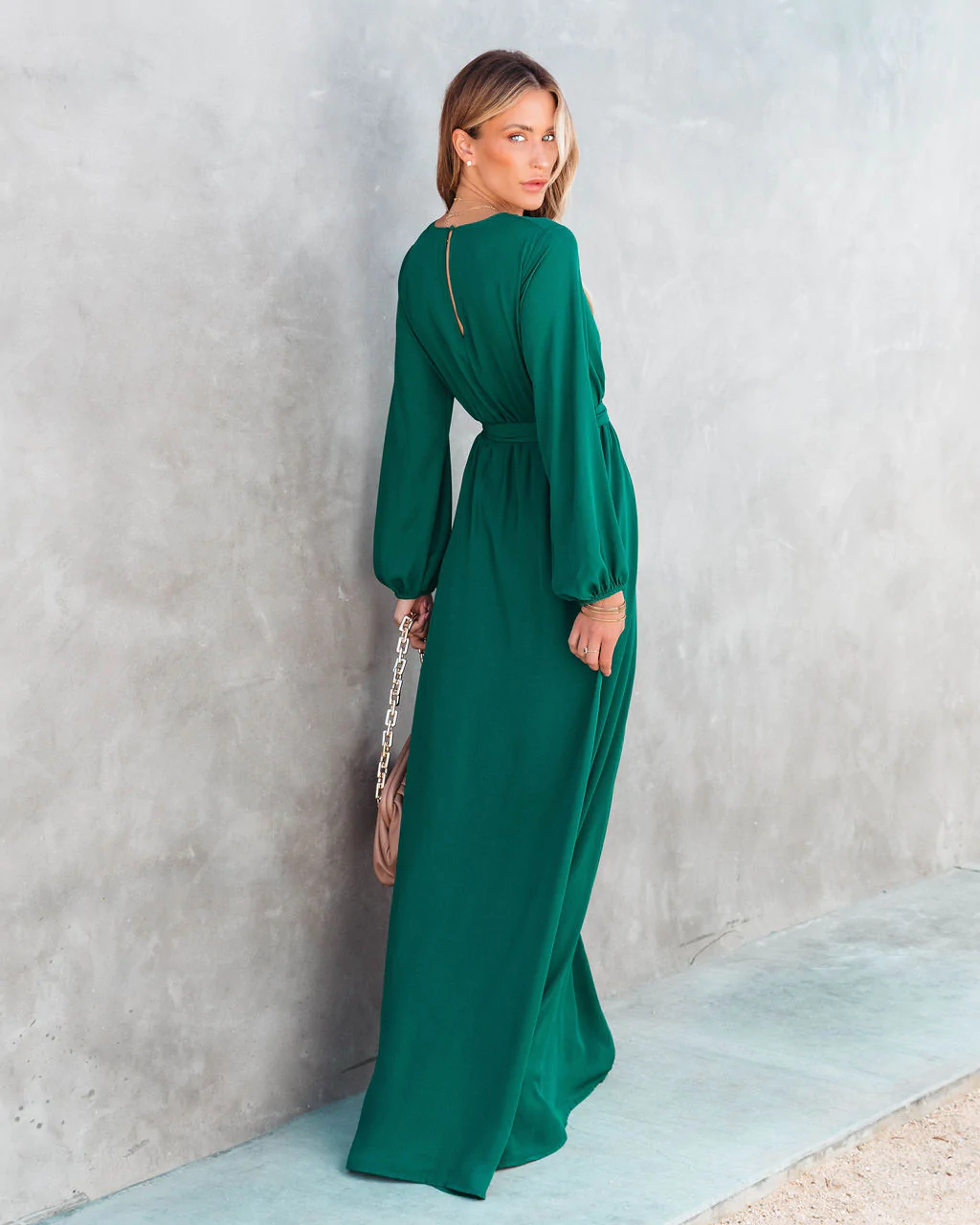 Solid V Neck Long Sleeve Maxi Dress
