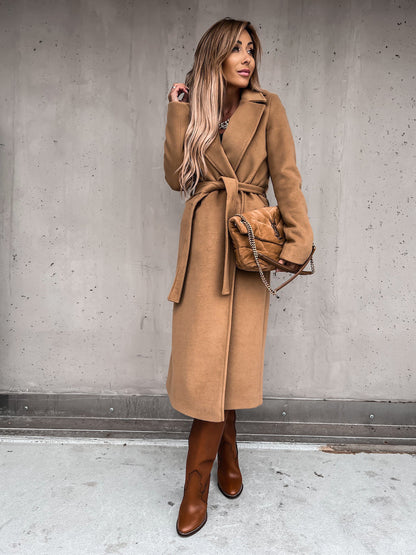 Solid Color Woolen Long Sleeve Trench Coat