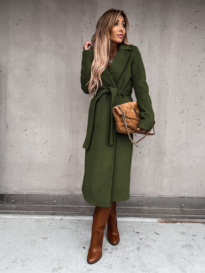 Solid Color Woolen Long Sleeve Trench Coat