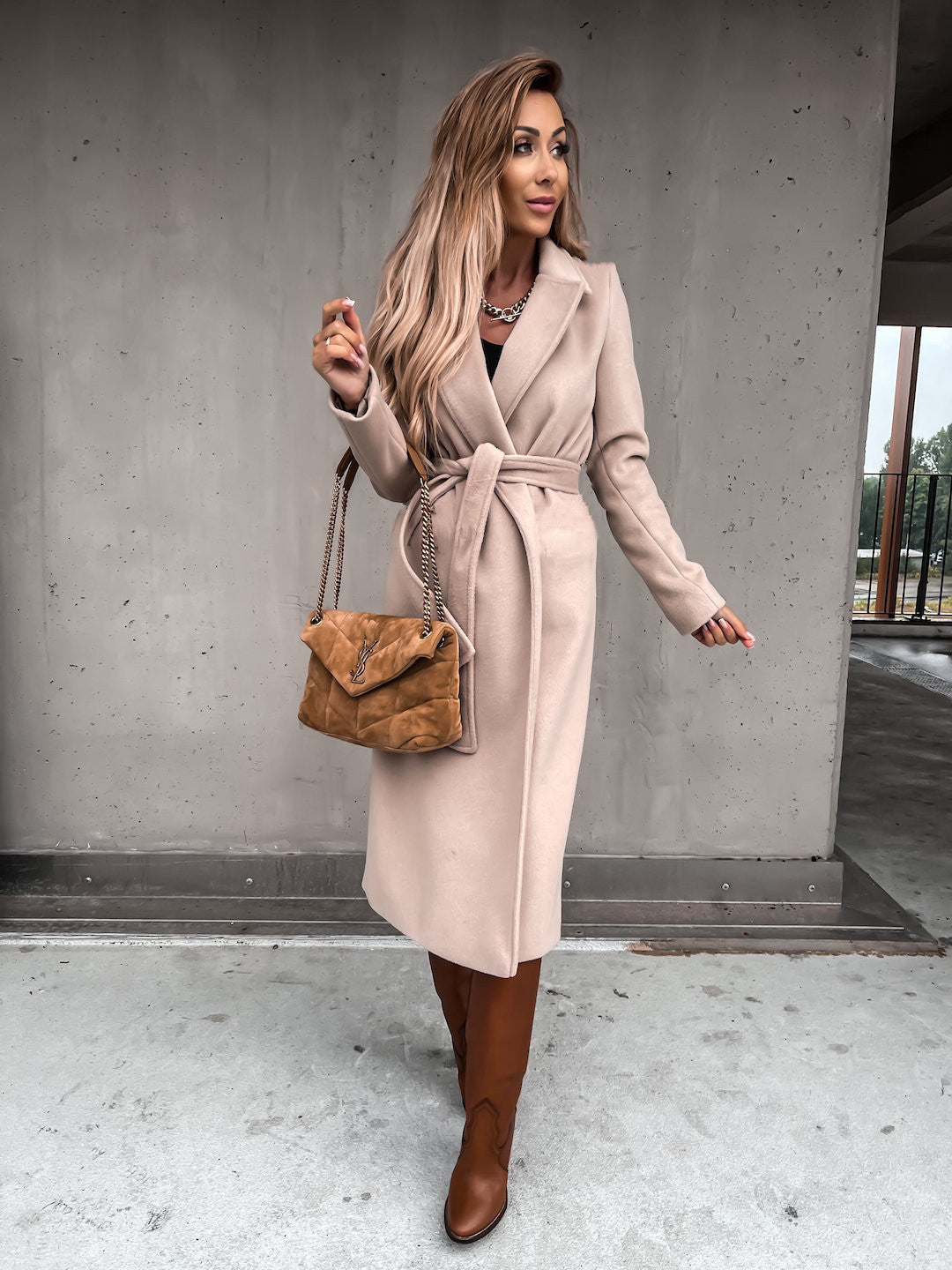 Solid Color Woolen Long Sleeve Trench Coat