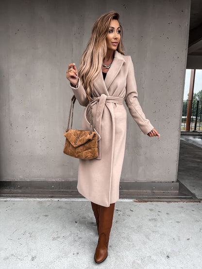 Solid Color Woolen Long Sleeve Trench Coat