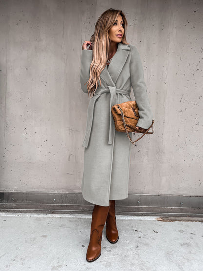 Solid Color Woolen Long Sleeve Trench Coat