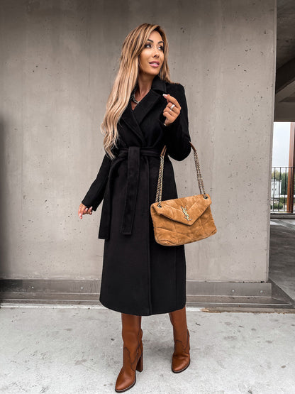 Solid Color Woolen Long Sleeve Trench Coat