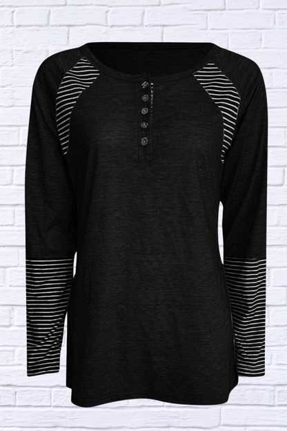 Full Size Striped Quarter Button Long Sleeve T-Shirt