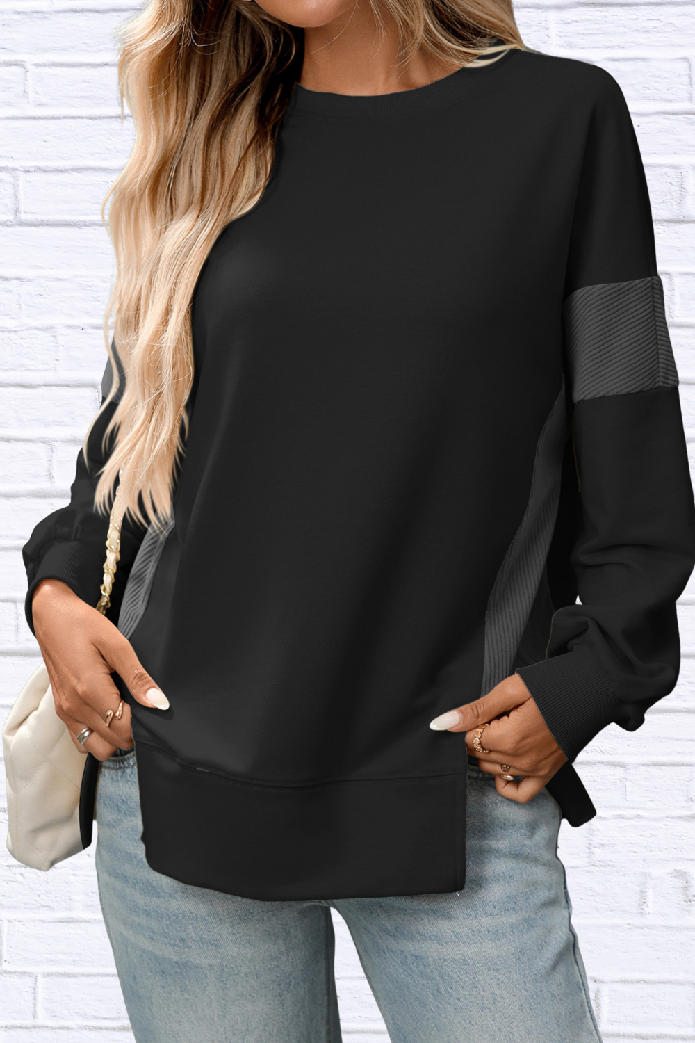 Slit Round Neck Long Sleeve Sweatshirt