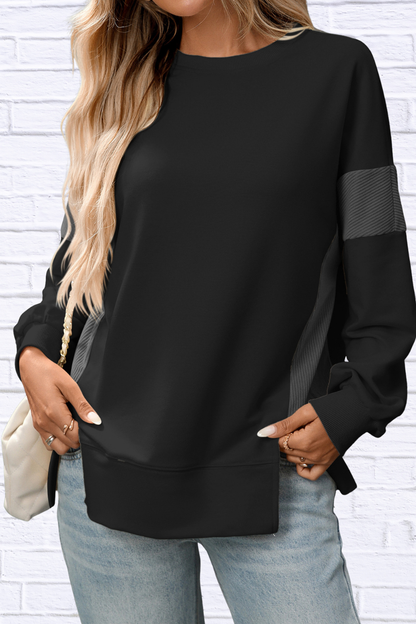 Slit Round Neck Long Sleeve Sweatshirt