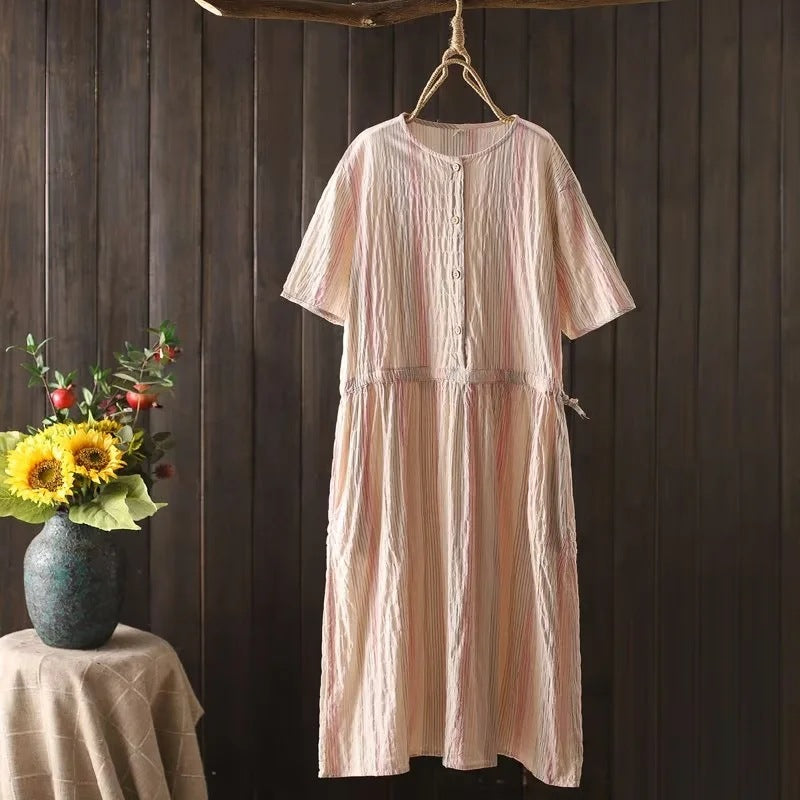 Cotton Linen Vertical Stripe Tie Dress