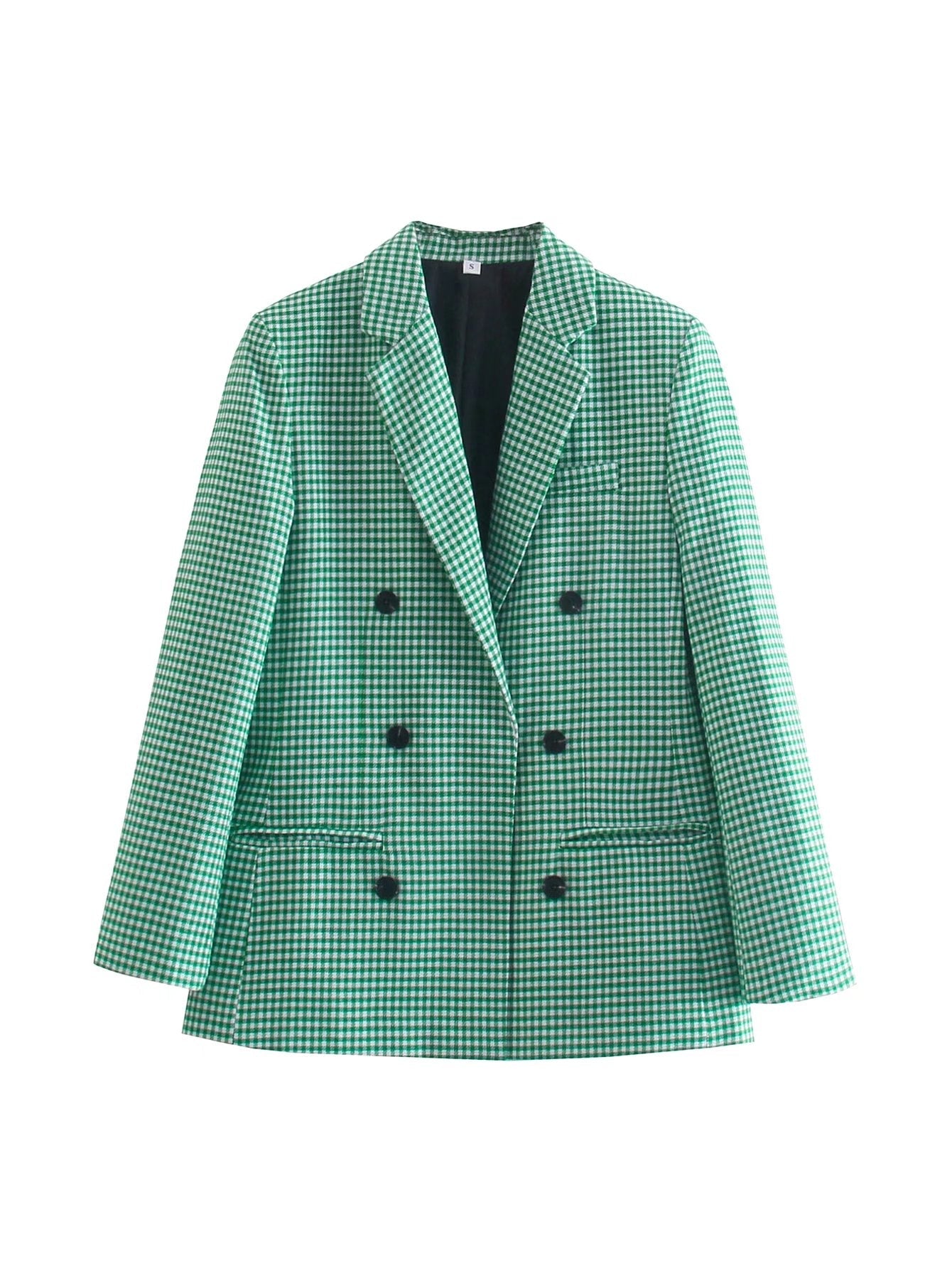 Vintage Single Breasted Long Sleeve Plaid Women Padded Shoulder Blazer