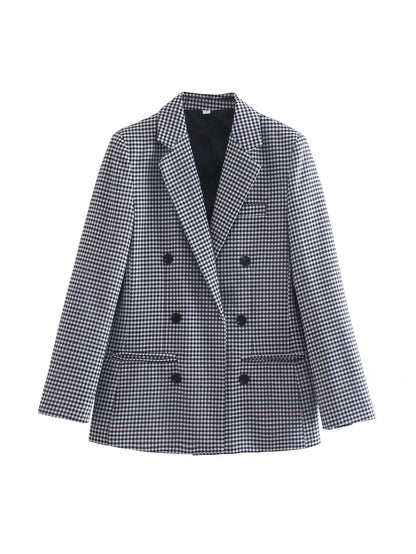 Vintage Single Breasted Long Sleeve Plaid Women Padded Shoulder Blazer