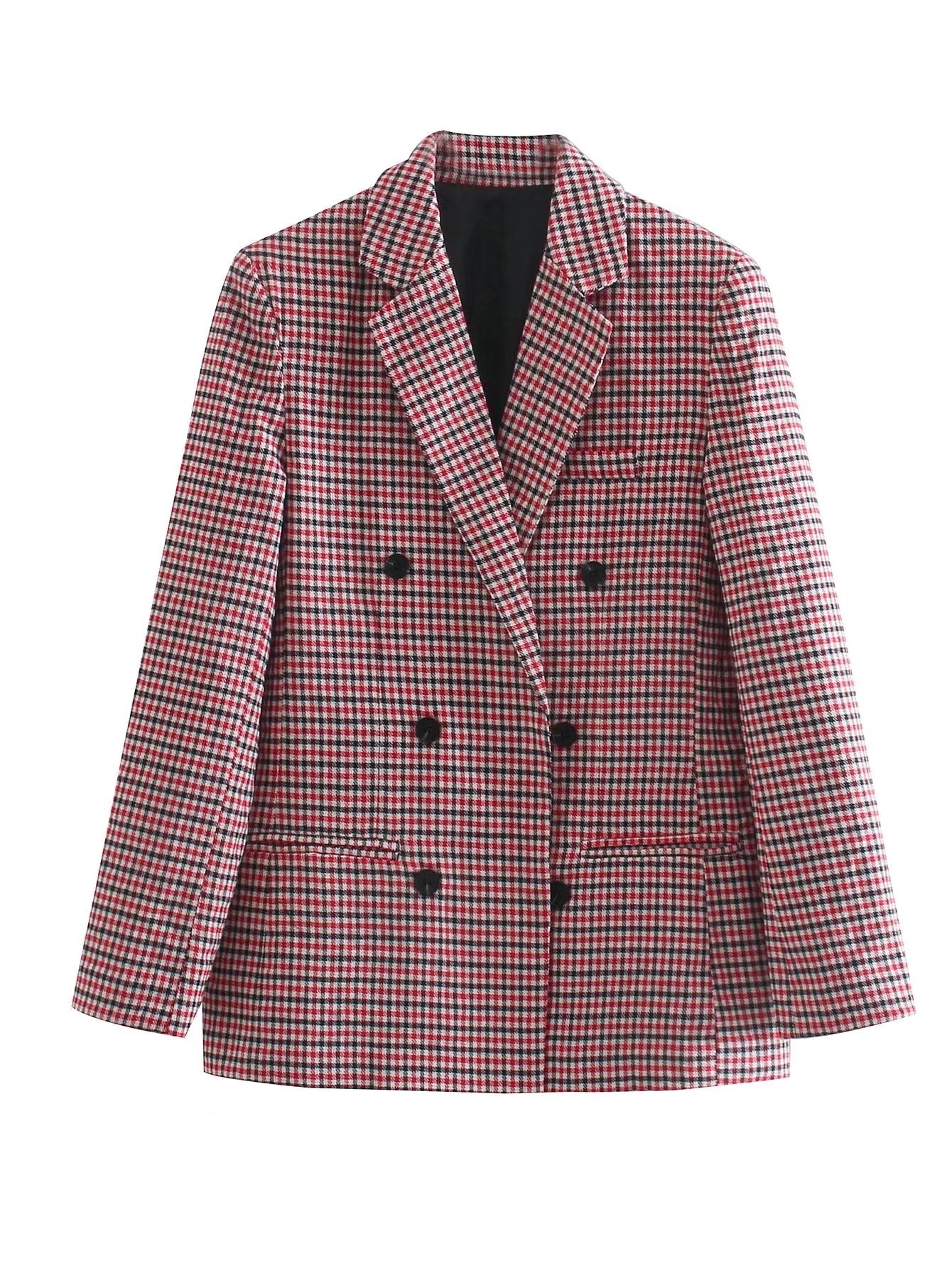 Vintage Single Breasted Long Sleeve Plaid Women Padded Shoulder Blazer