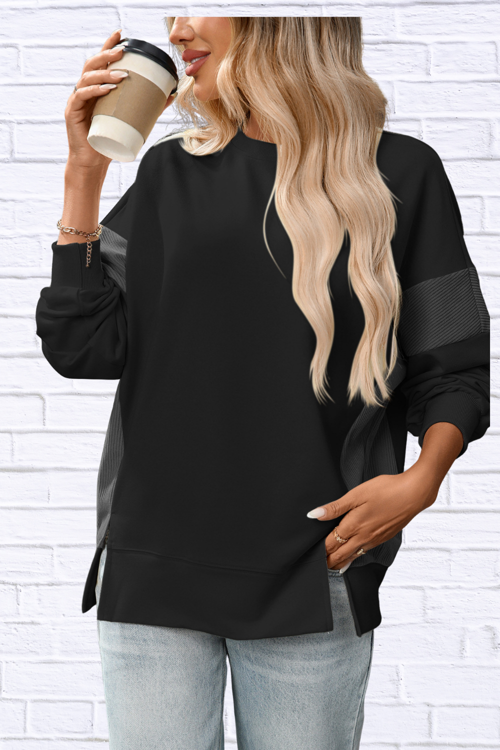 Slit Round Neck Long Sleeve Sweatshirt