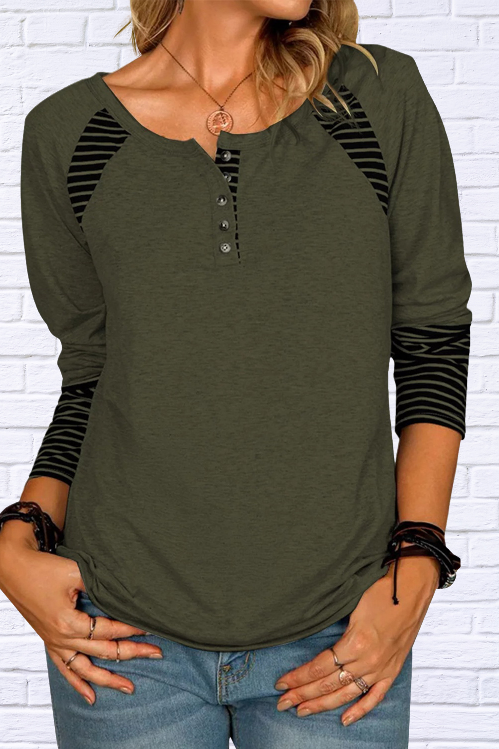 Full Size Striped Quarter Button Long Sleeve T-Shirt