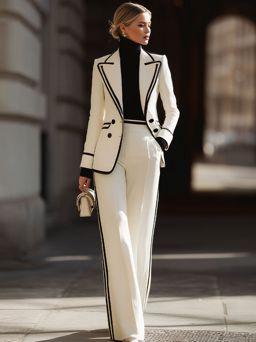 White Contrast - Trim Double - Breasted Suit Set