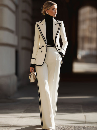 White Contrast - Trim Double - Breasted Suit Set