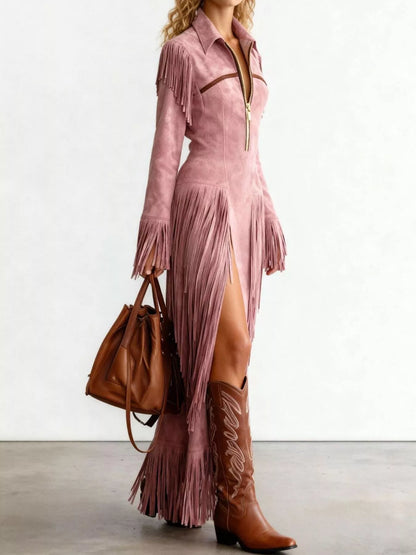 Fringed Suede Slit Dress