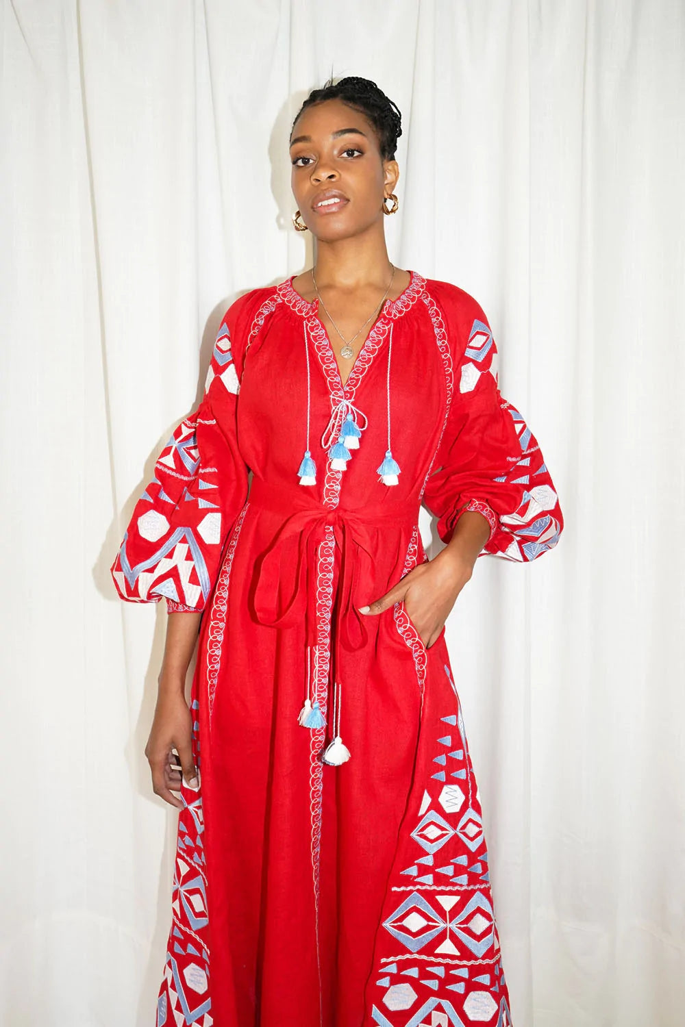 Embroidered Lantern Sleeve Boho Kaftan Dress