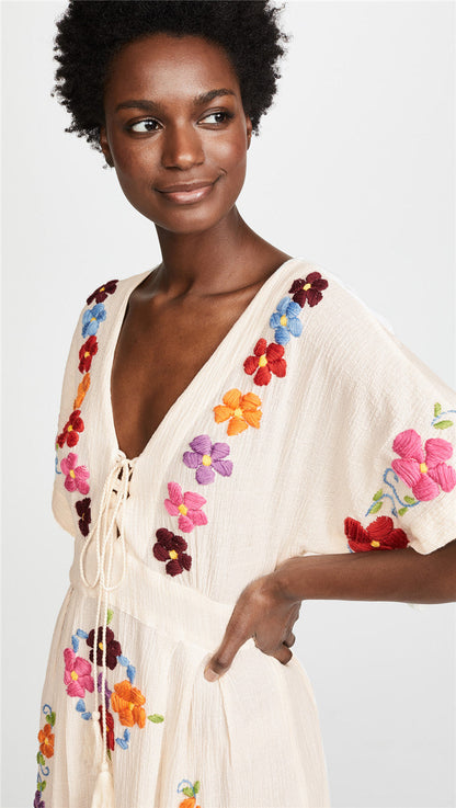 V Neck Embroidered Kaftan Dress