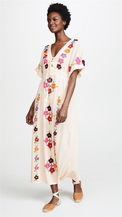 V Neck Embroidered Kaftan Dress