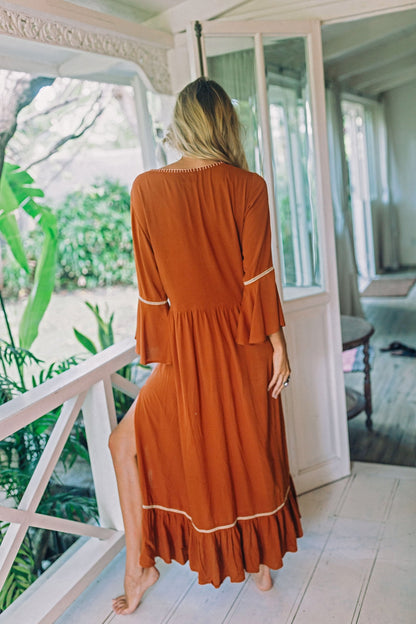 Bohemian Embroidered Solid Color Slit Tunic Dress