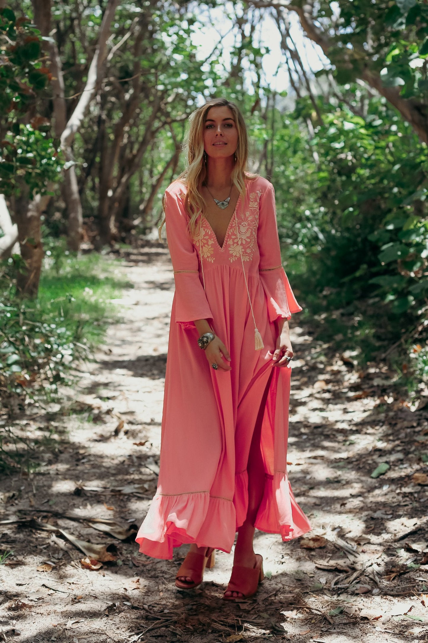 Bohemian Embroidered Solid Color Slit Tunic Dress