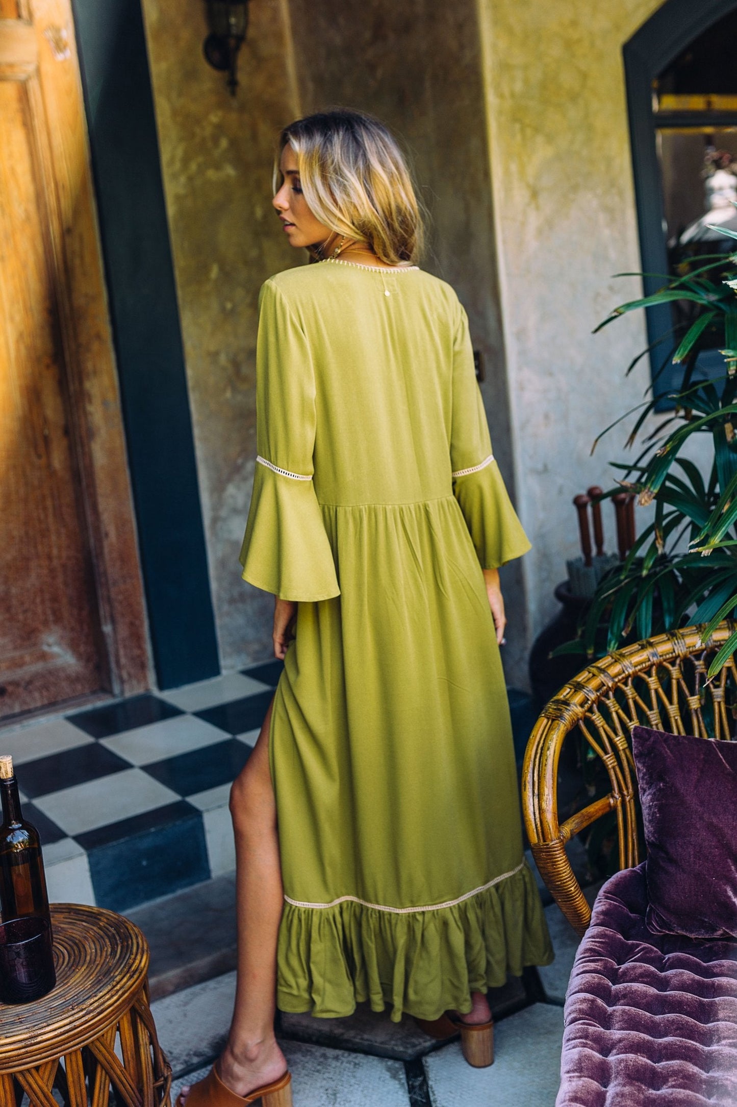 Bohemian Embroidered Solid Color Slit Tunic Dress