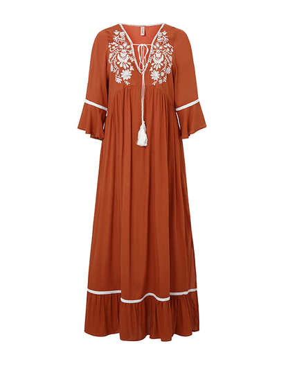 Bohemian Embroidered Solid Color Slit Tunic Dress