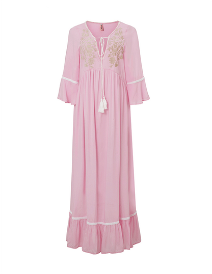 Bohemian Embroidered Solid Color Slit Tunic Dress