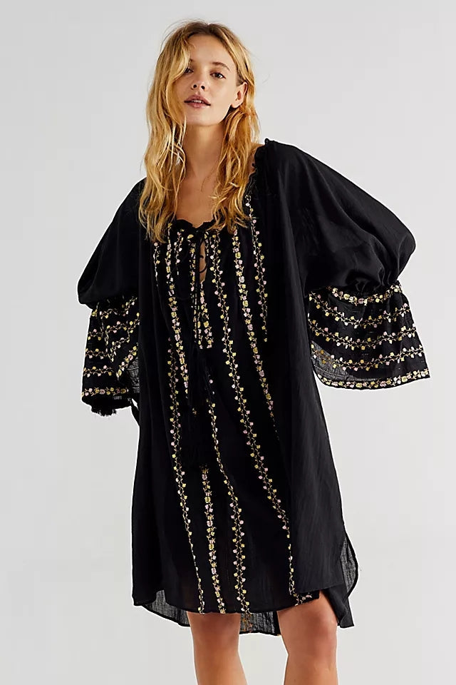 Floral Embroidered Black Cotton Tunic