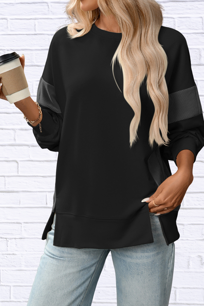 Slit Round Neck Long Sleeve Sweatshirt